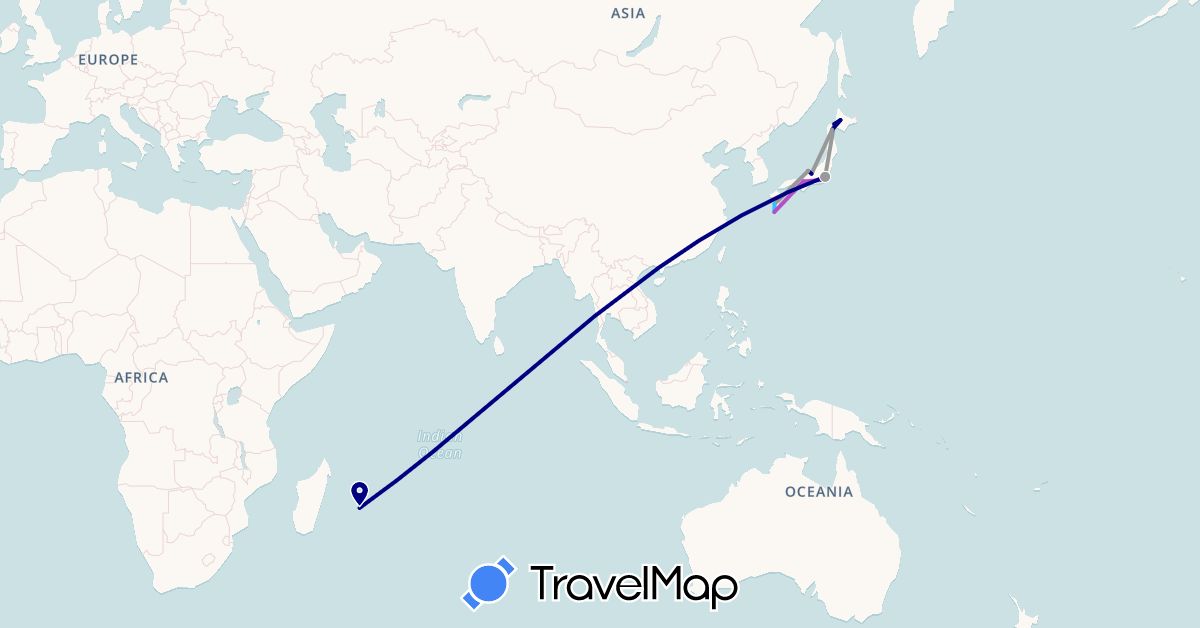 TravelMap itinerary: driving, plane, train, boat in France, Japan (Asia, Europe)